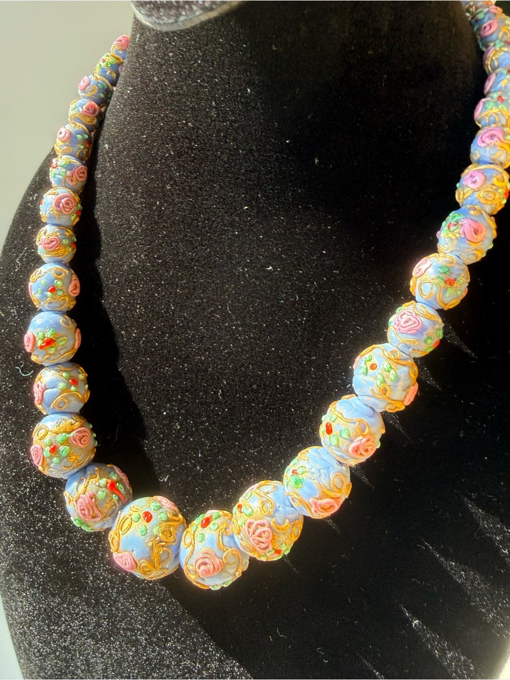 Antique Vintage Venetian Wedding Cake Glass Bead Necklace Rose 16”  Murano Italy